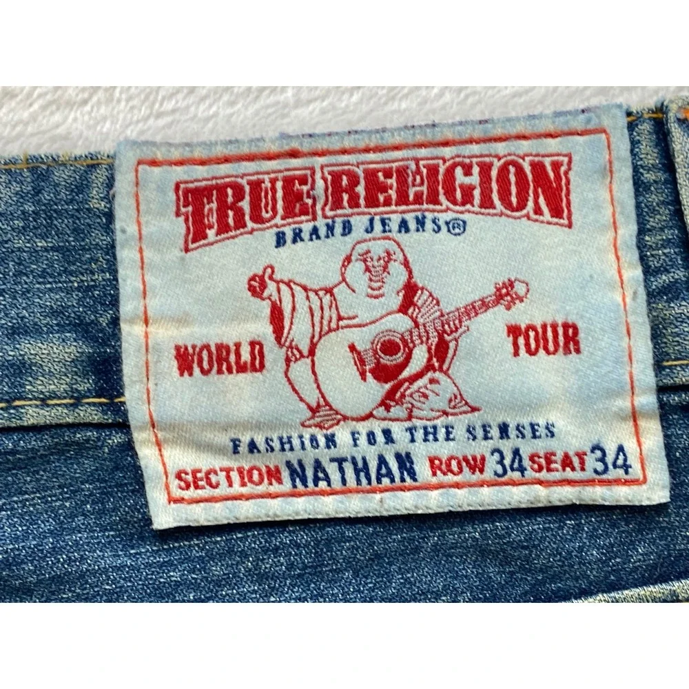True Religion Nathan Straight Leg Jeans Mens 34x34 Blue Denim Made in USA Button